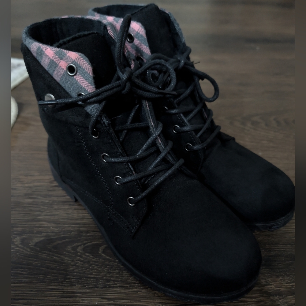 Rock & Candy Black Lace-Up Boots with Pink Plaid Detail